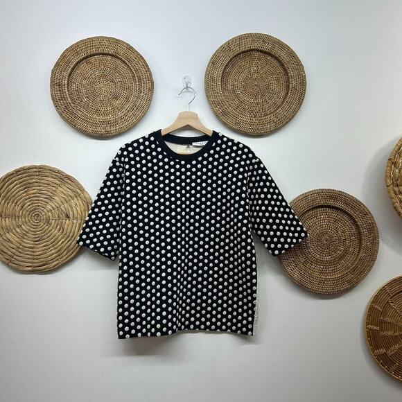 $195 Sandro Paris Designer Neutral Black White Knit Polka Dot Top Blouse Medium - Picture 1 of 8